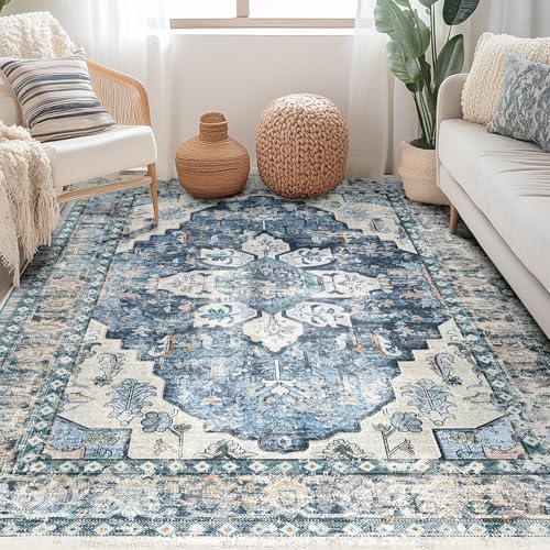BESTSWEETIE Washable Boho 5x7 Area Rug, No Pile for Living Room, Blue Navy