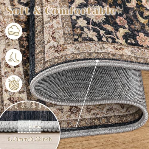 5x7 Area Rugs for Living Room: Washable Vintage Floral Rug Low Pile Non-Slip Boho Carpet for Nursery Bedroom Dining Room (Black, 5'x7')