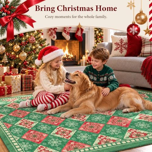 Green Christmas Area Rug 8x10, Large Checkered Washable Rug for Living Room