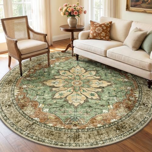 RELEANY Washable Area Rug, Round 6ft, Brick/Brown/Green