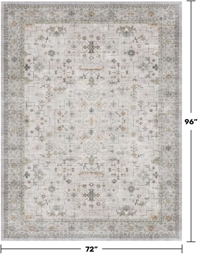 Boho Light Gray & Sage 6x8 Living Room Rug - Washable Large Area Rugs for Dining Under Table, Neutral Geometric Floral Bedroom Carpet, Modern Vintage Low Pile Stain Resistant