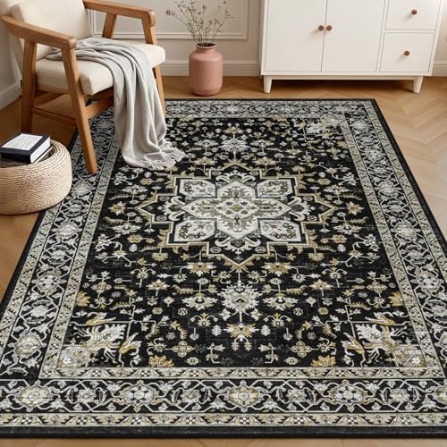 5x7 Area Rugs Living Room: Washable Rug for Bedroom Black Gold