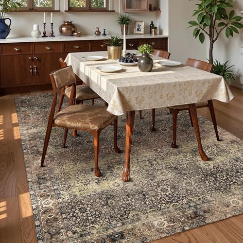 Washable Area Rug 3' x 5 ' Vintage Traditional Persian Mat - Foldable Distressed Non-Slip Machine Washable Carpet for Living Room Bedroom Kitchen Home Decor - Umber and Slate