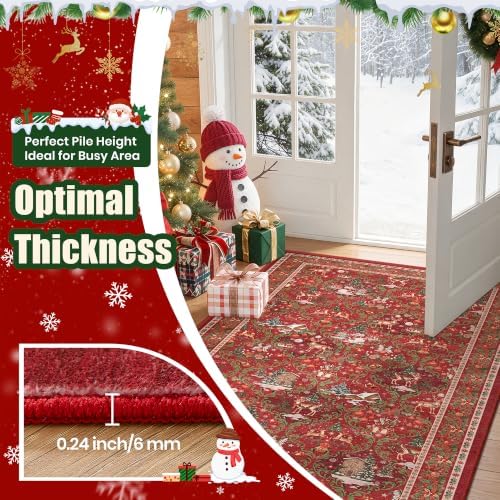 2x8 Christmas Runner Rug for Hallway,Washable Kitchen Rug,Red