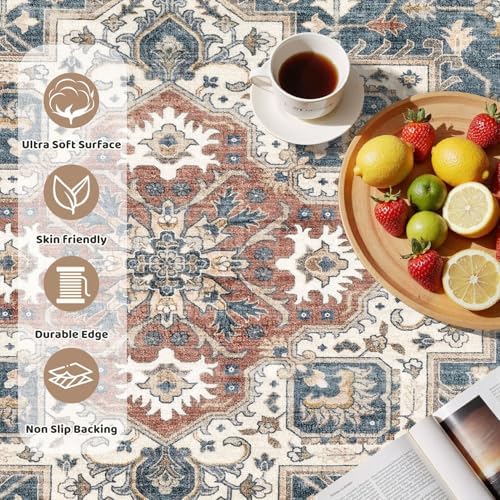 cotiled 8ft Round Living Room Area Rug, Washable, Traditional, Vintage Blue