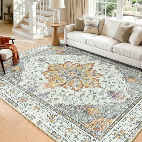 RELEANY Washable Area Rug, 5'x7', Beige/Carbon Grey/Orange