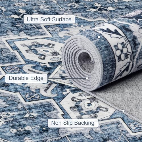 8x8 Area Rugs Living Room: Washable Vintage Rug for Bedroom Blue
