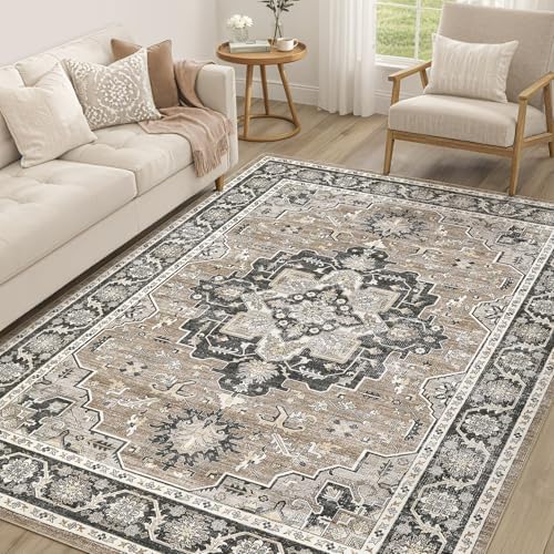cotiled 6x9 Area Rug for Living Room, Washable, Traditional, Black Brown