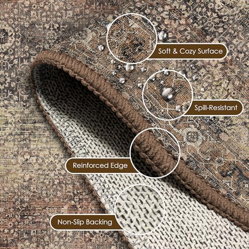 Washable Area Rug 3' x 5 ' Vintage Traditional Persian Mat - Foldable Distressed Non-Slip Machine Washable Carpet for Living Room Bedroom Kitchen Home Decor - Umber and Slate