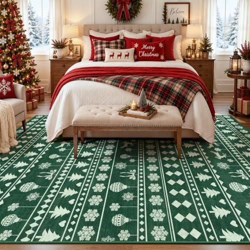 5x7 Christmas Holiday Area Rug, Washable Non‑Slip Low‑Pile Xmas Large Rugs for Living Room Bedroom Dining Room, Winter Indoor Christmas Home Decor(Green Sweater Bauble)