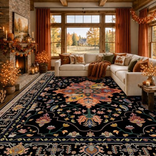 RELEANY Washable Area Rug, 8'x10', Black/Colorful
