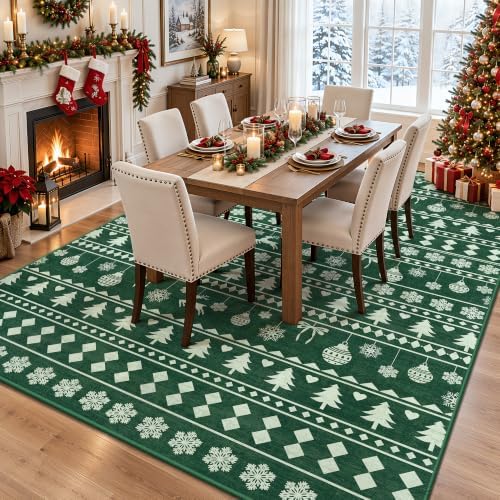 5x7 Christmas Holiday Area Rug, Washable Non‑Slip Low‑Pile Xmas Large Rugs for Living Room Bedroom Dining Room, Winter Indoor Christmas Home Decor(Green Sweater Bauble)