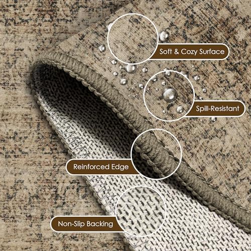 Washable Area Rug 2'6'' x 8' Vintage Traditional Persian Mat - Foldable Distressed Non-Slip Machine Washable Carpet for Living Room Bedroom Kitchen Home Decor - Mocha and Taupe