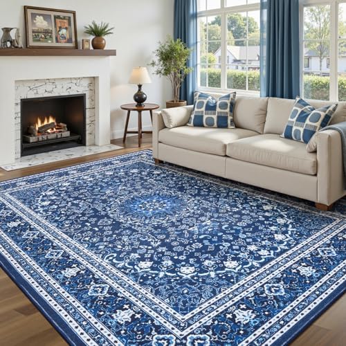 6x9 Area Rugs for Living Room, Washable Non-Slip Rug, Oriental Dark Blue