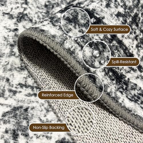 Washable Area Rug 3' x 5 ' Vintage Traditional Persian Mat - Foldable Distressed Non-Slip Machine Washable Carpet for Living Room Bedroom Kitchen Home Decor - Graphite and Mist