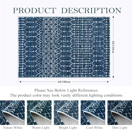 Lahome Moroccan Blue Carpet for Living Room 4x6 Area Rug Non-Slip Ultra-Thin Soft Bedroom Rug Stain Resistant Modern Carpet with Geometric Print for Office, Kitchen, Entryway, Dining Room Hana