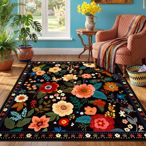 RELEANY Floral Washable Square 5ft Area Rug Black