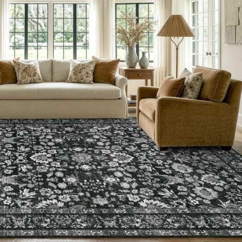 9x12 Ft Extra Large Area Rugs for Living Room, Soft Non-Slip Machine Washable Rug, Vintage Stain Resistant Carpets for Bedroom Nursery Dining Room Home Decor (Black)