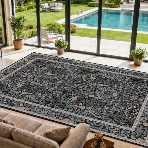 Area Rug for Living Room 10x12 Washable Soft Carpet (Black Flora)