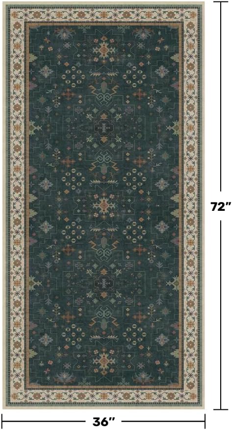 Dark Green Oushak 3x6 Kitchen Rug - Modern Vintage Boho Floral Moody, Washable Low Pile Non-Slip Area Rugs for Large Entryway, Door Mat Indoor Entrance, Kitchen, Bedroom Beside Bed