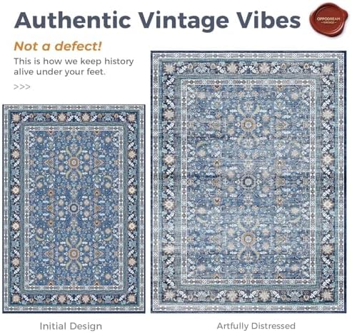 OPPODREAM Vintage Blue Area Rugs 8' Round, Washable Rug for Living Room