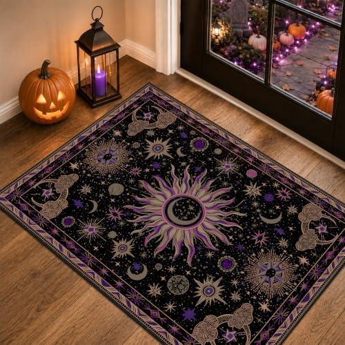 Vacuum-Friendly, 2x3 Washable Area Rug, Black Purple Beige