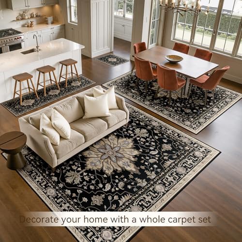 RELEANY Washable Area Rug, 7'x9', Black/Neutral