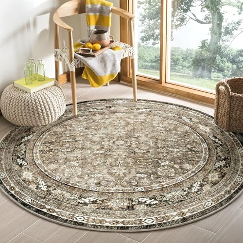OPPODREAM Vintage Brown Area Rugs 5' Round, Washable Rug for Living Room