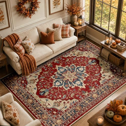 RELEANY Washable Area Rug, 5'x7', Red/Blue