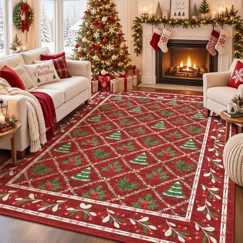 Red Christmas Area Rug 6x9 for Living Room, Bedroom, Playroom, Nursery Indoor Christmas Decorations Machine Washable Low Pile with Non-Slip Backing (Xmas Red)