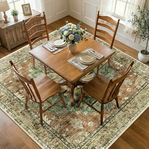 RELEANY Washable Area Rug, Square 8'x8', Brick/Brown/Green