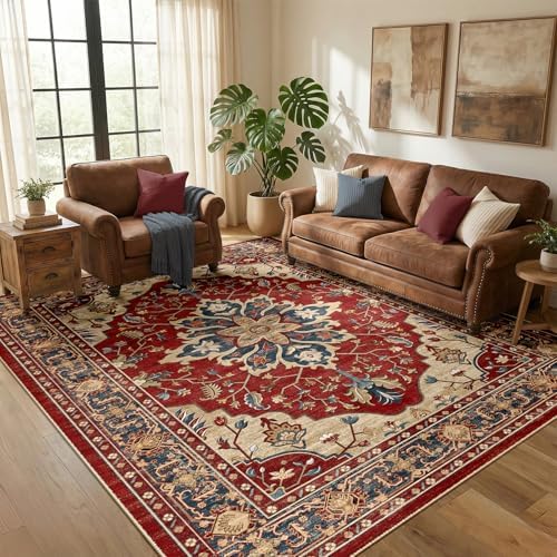 RELEANY Washable Area Rug, 5'x7', Red/Blue