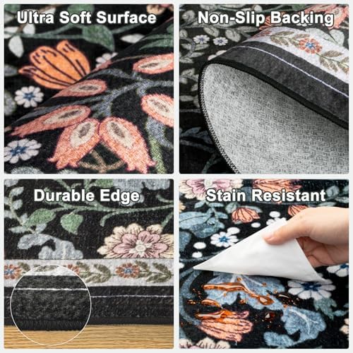 PLHXFR Round Area Rug Living Room: 6 ft Floral Washable Carpet Dark Black