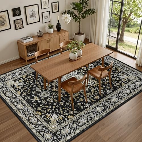 5x7 Area Rugs Living Room: Washable Rug for Bedroom Black Gold