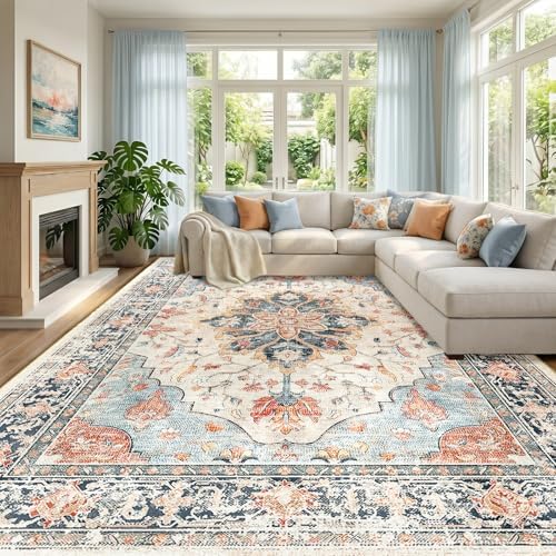 RELEANY Washable Area Rug, Large 10'x14', Beige/Blue/Orange