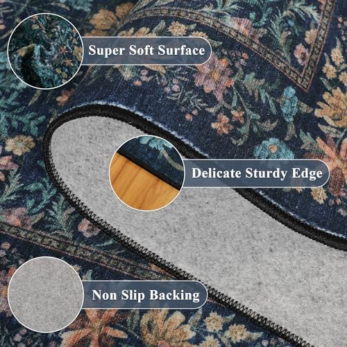 DUKINO 10x14 Rug for Living Room Washable Vintage Floral Area Rug Dark Blue