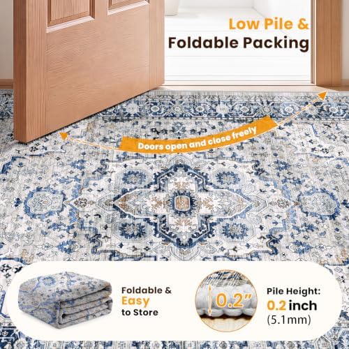 SameBed 5x7 Area Rug Living Room, Vintage Washable Carpet Light Blue