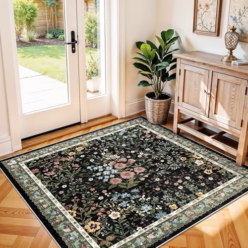 4x4 Square Entry Rug Entryway Foyer: Non-Slip Floral Washable Rugs for Living Room Indoor Floor Kitchen Bedroom - Soft Thin Doormat Carpet Boho Vintage Home Decor (4ft Square, Black)