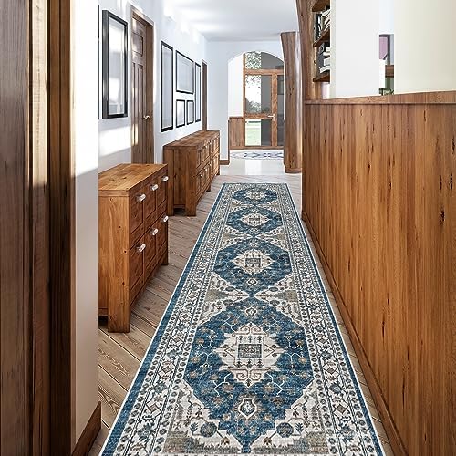 Hallway Washable Runner Rug - 2'6x12 Kitchen Rugs Entryway Rug Runner Vintage Soft Floor Mat Non Slip Indoor Farmhouse Carpet for Bathroom Living Room Bedroom (2'6''x12', Blue)