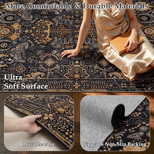 Ruaruarug Washable Area Rug 8×10 Ultra Soft for Living Room, Black and Gold