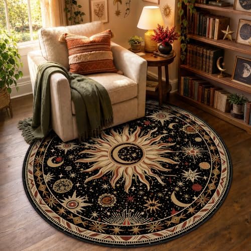Vacuum-Friendly, Round 4ft Washable Area Rug, Black Gold Beige Red