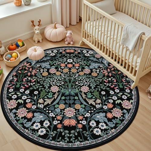 PLHXFR Round Area Rug Living Room: 6 ft Floral Washable Carpet Dark Black