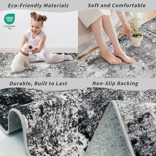 2x3 Washable Entryway Rug – Non-Slip Modern Abstract Neutral Small Throw Area Rug for Kitchen, Bedroom – Soft Low Pile Thin Indoor Door Mat（Black Grey,2x3）