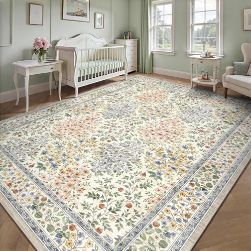 9x12 Area Rugs, Machine Washable Low Pile Floral Rugs for Living Room, Bedroom, Large Boho Area Rug with Non-Slip Backing for Dining Room(Beige Floral)