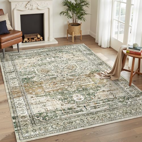 Soalmost 5x7 Area Rug Low Pile Washable Trendy Faded Style Rug, Olive Beige
