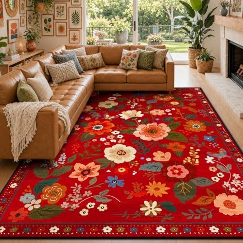 Floral Washable 8x10 Area Rugs Red/Orange