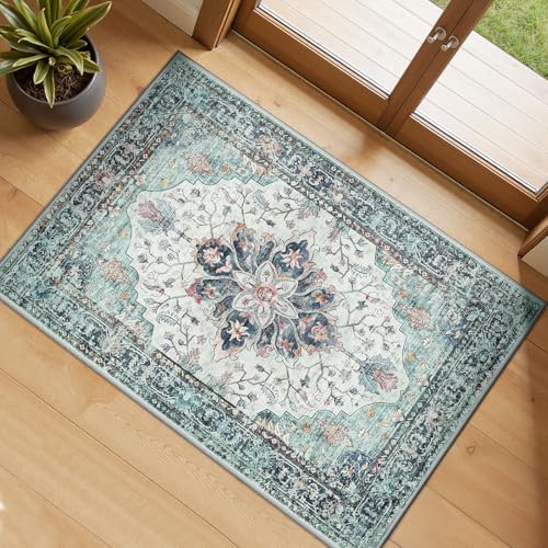 RELEANY Washable Area Rug, Small 2'x3', Teal Green/White/Navy