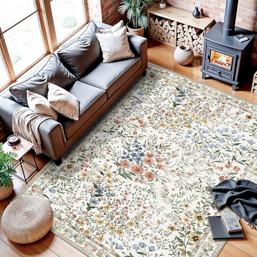 YOUFORTONG 6x9 Area Rug Dining Room: Washable Mat for Living Room Bedroom Office High Traffic Area - Soft Non Slip Indoor Carpet for Vintage Farmhouse Home Decor (6x9, Beige)