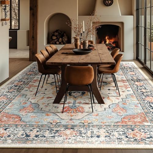 RELEANY Washable Area Rug, Large 10'x14', Beige/Blue/Orange