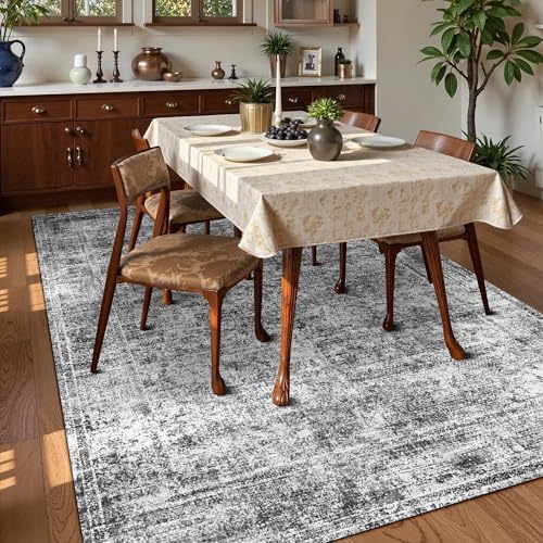 Washable Area Rug 3' x 5 ' Vintage Traditional Persian Mat - Foldable Distressed Non-Slip Machine Washable Carpet for Living Room Bedroom Kitchen Home Decor - Graphite and Mist